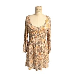 Shyanne Floral Dress Tan Orange Boho Western Tiered Peasant Prairie Size Small